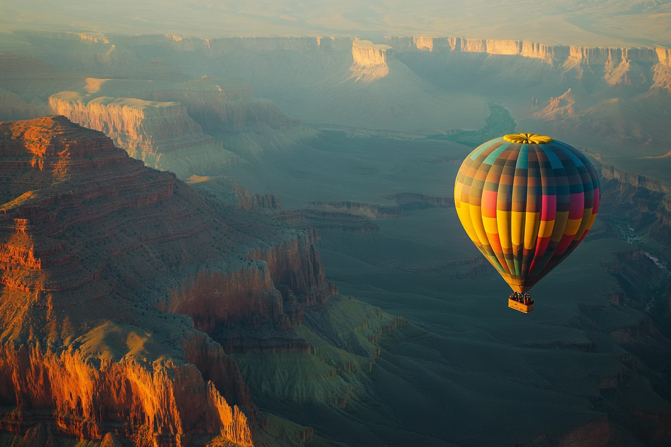 Colorful hot air balloon over the Grand Canyon at sunrise