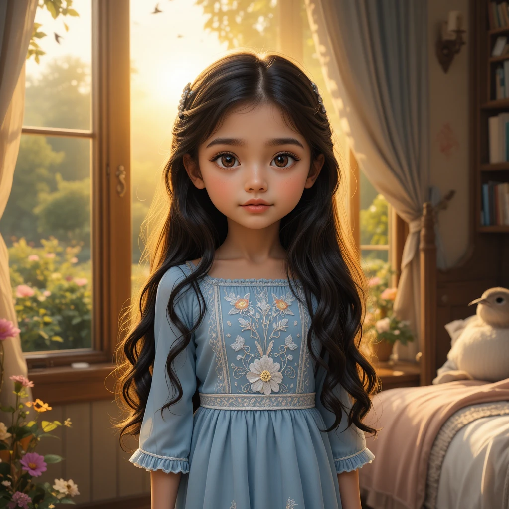 Young girl standing in a sunlit cozy bedroom