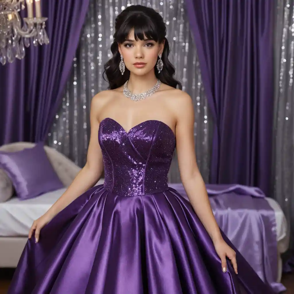 Elegant woman in royal purple satin ballgown standing indoors