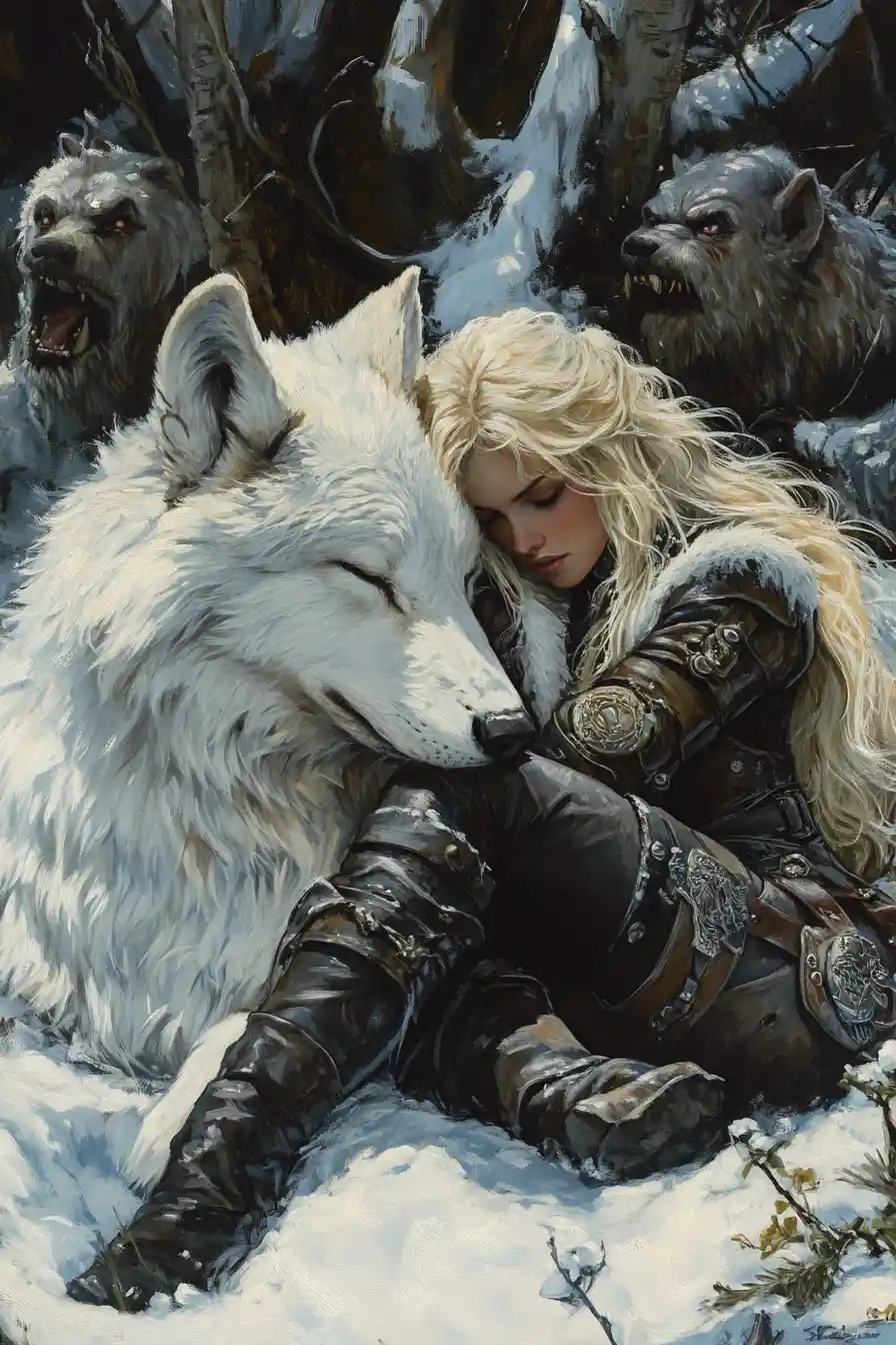 Fantasieprinzessin mit Schattenwolf im verschneiten Wald