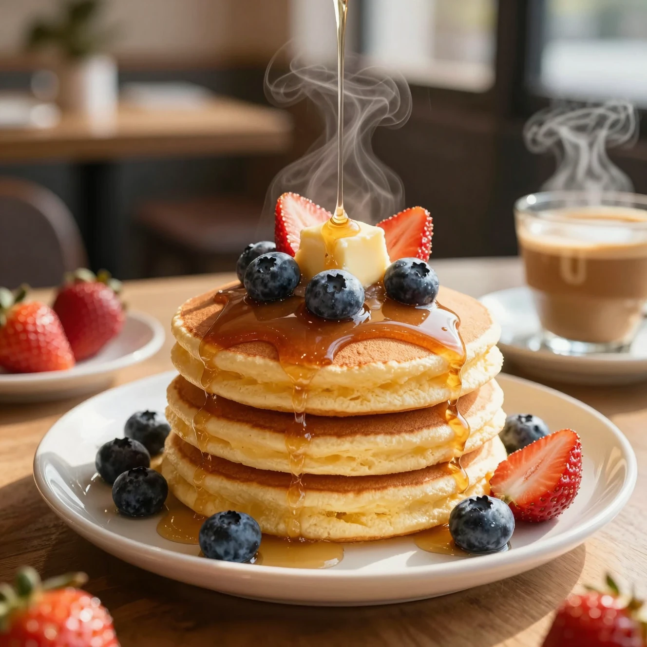 Fluffy pancake stack with berries and maple syrup