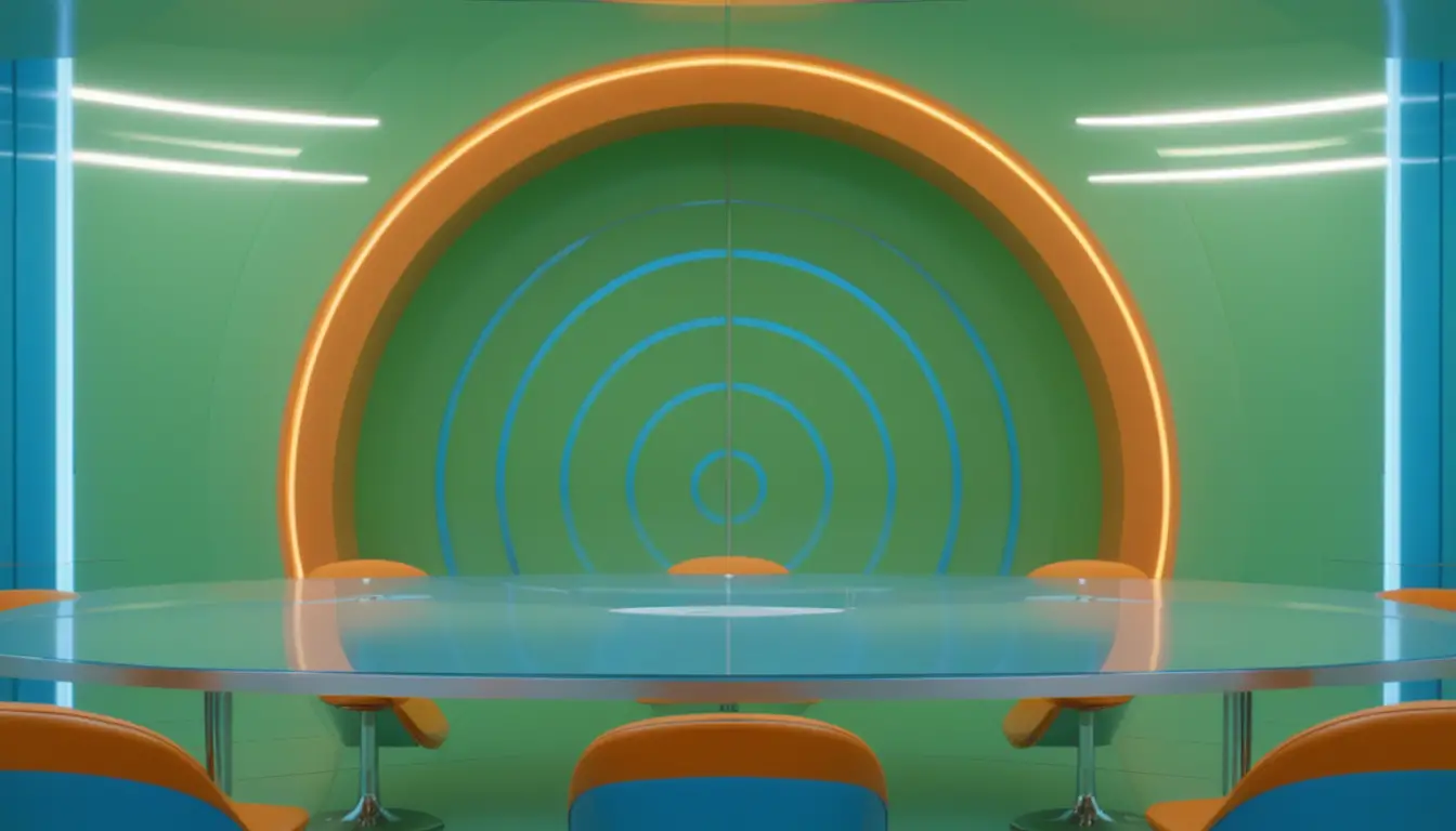 Retro futuristic 3D television studio with blue oval table