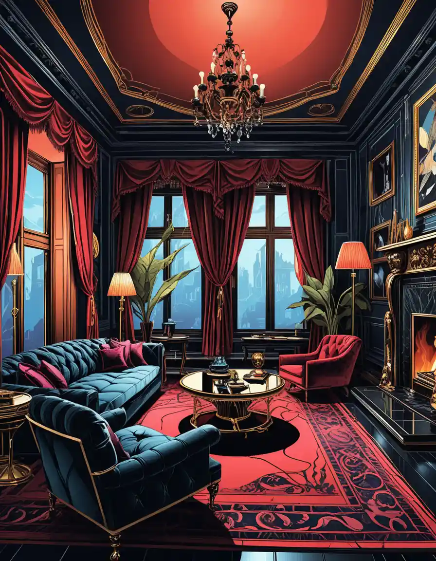 Dark jewel toned luxury interior 3d room perspective