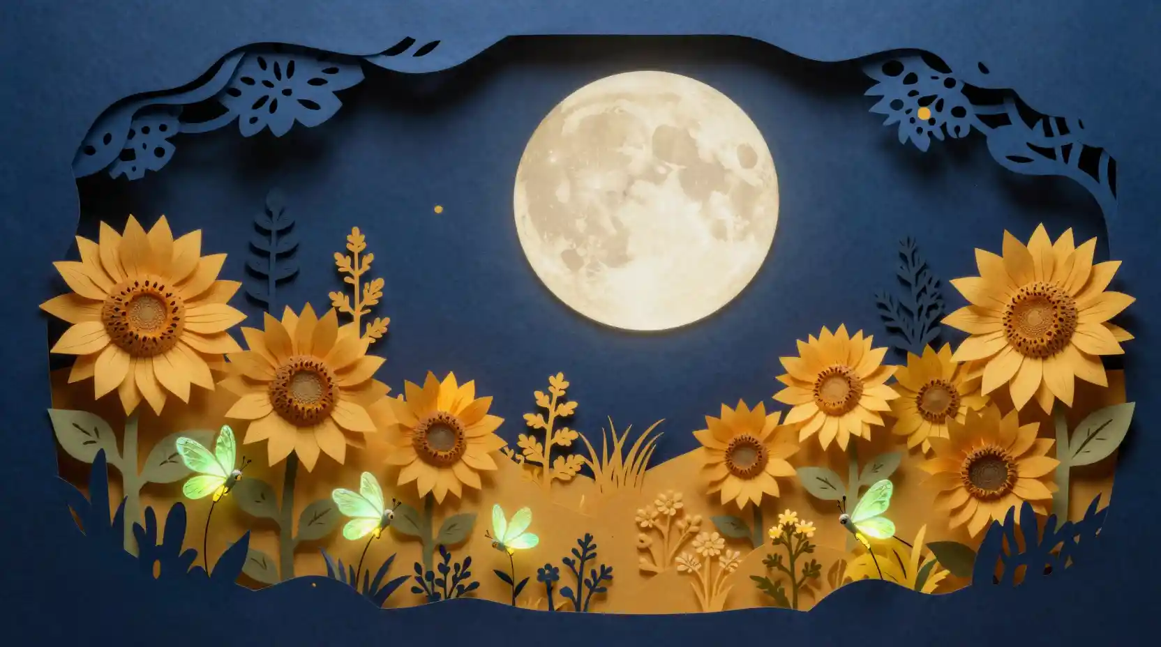 Magical paper garden with moonlit sunflowers and fireflies