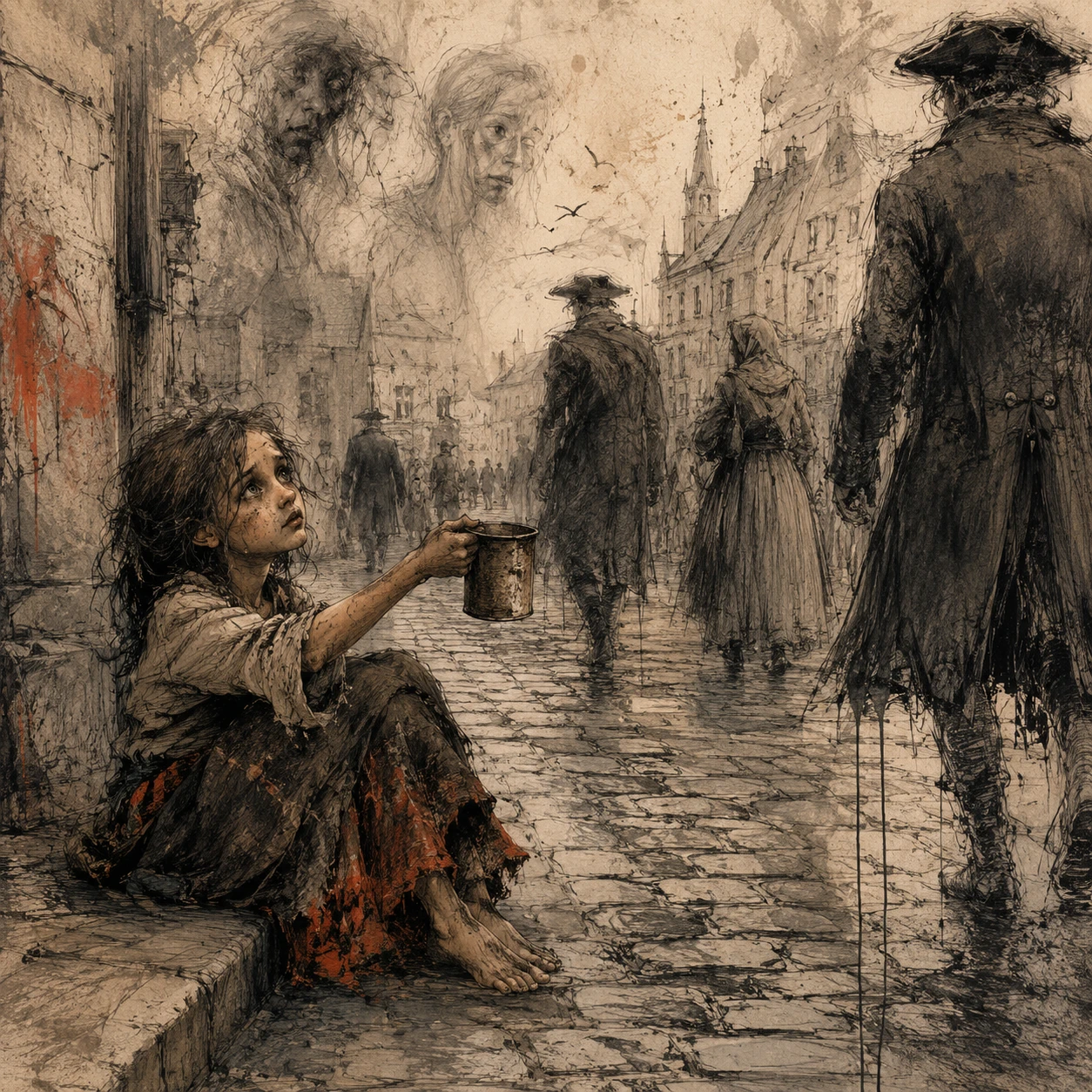 Young beggar girl on a cobblestone street in sketch style