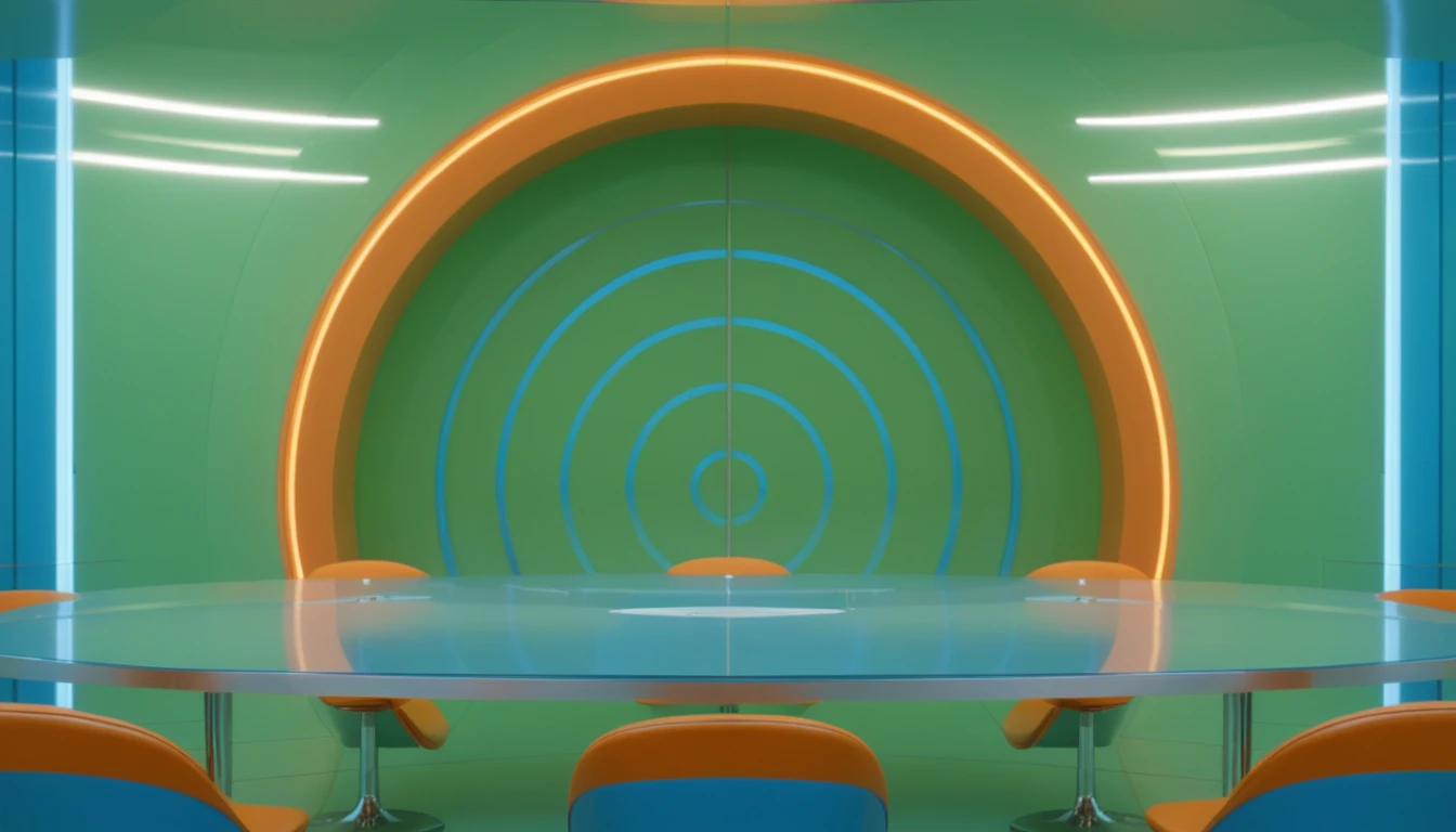 Retro futuristic 3D television studio with blue oval table