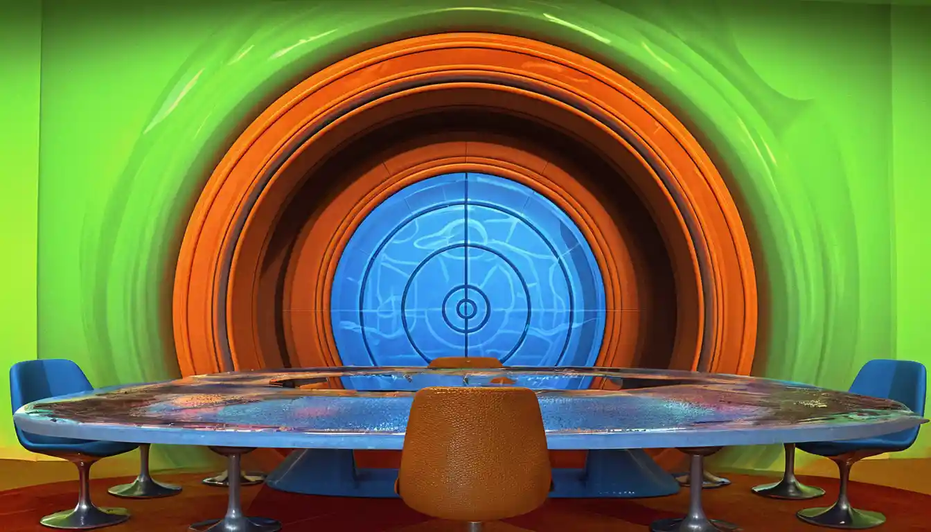 Retro futuristic tv studio with blue table and orange chairs