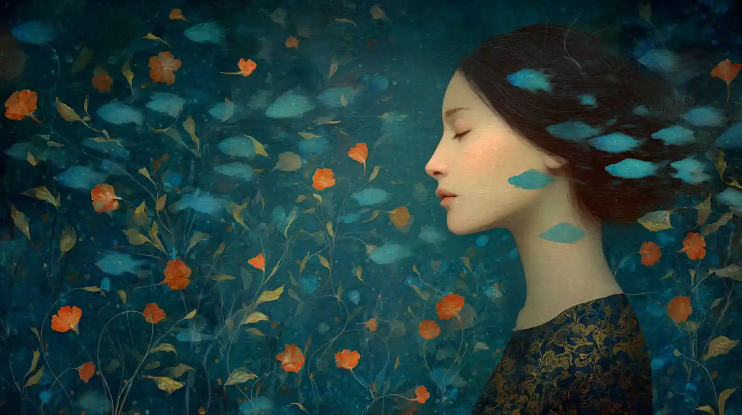 Surreal melancholic woman in a dreamlike colorful landscape