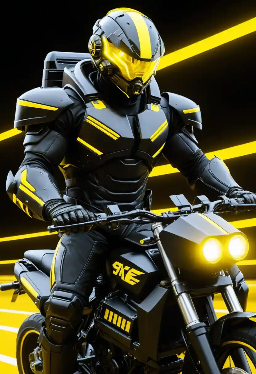 Armored rider on high tech military bike in space