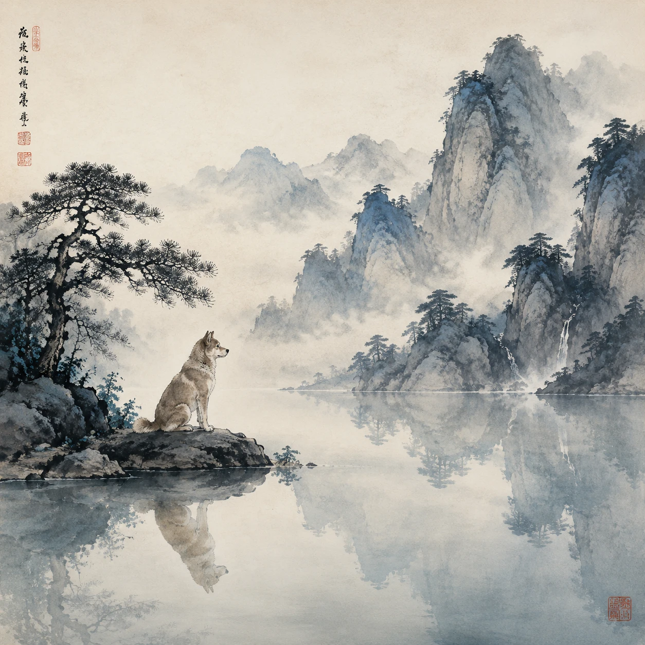 Contemplative dog by still mountain lake in ink painting