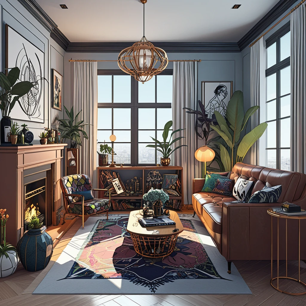 Moody eclectic 3D interior room with decadent decor