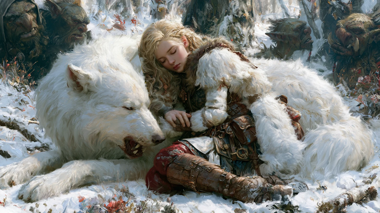 Fantasy princess sheltering beside a white dire wolf