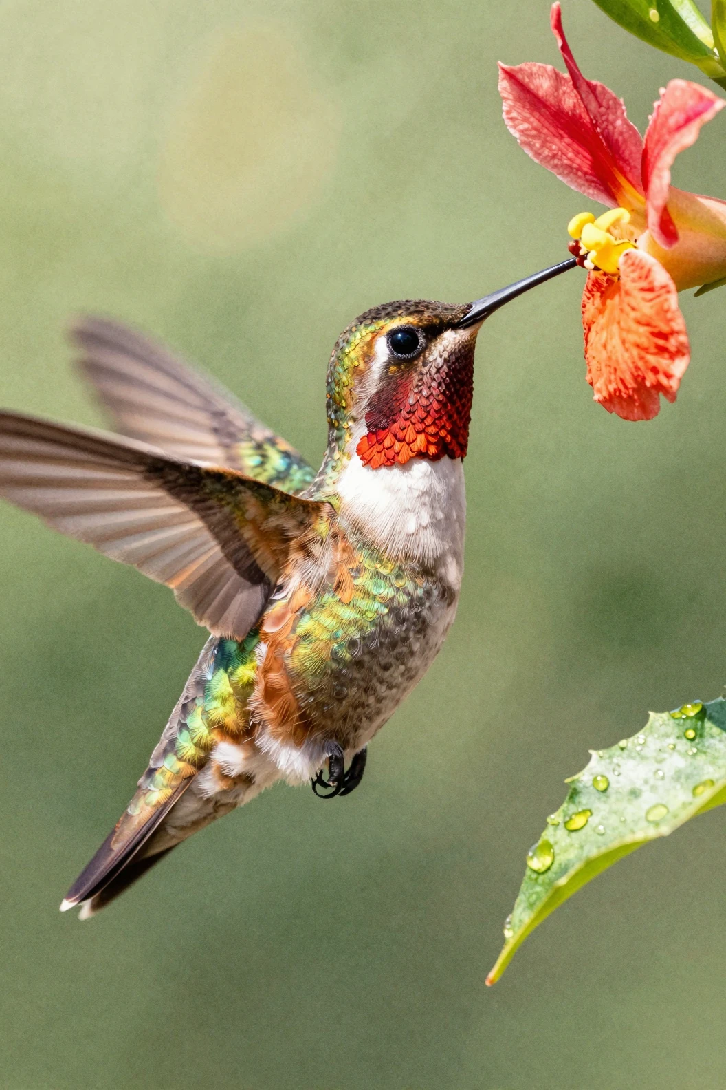 Watercolor hummingbird sipping nectar in warm sunlight
