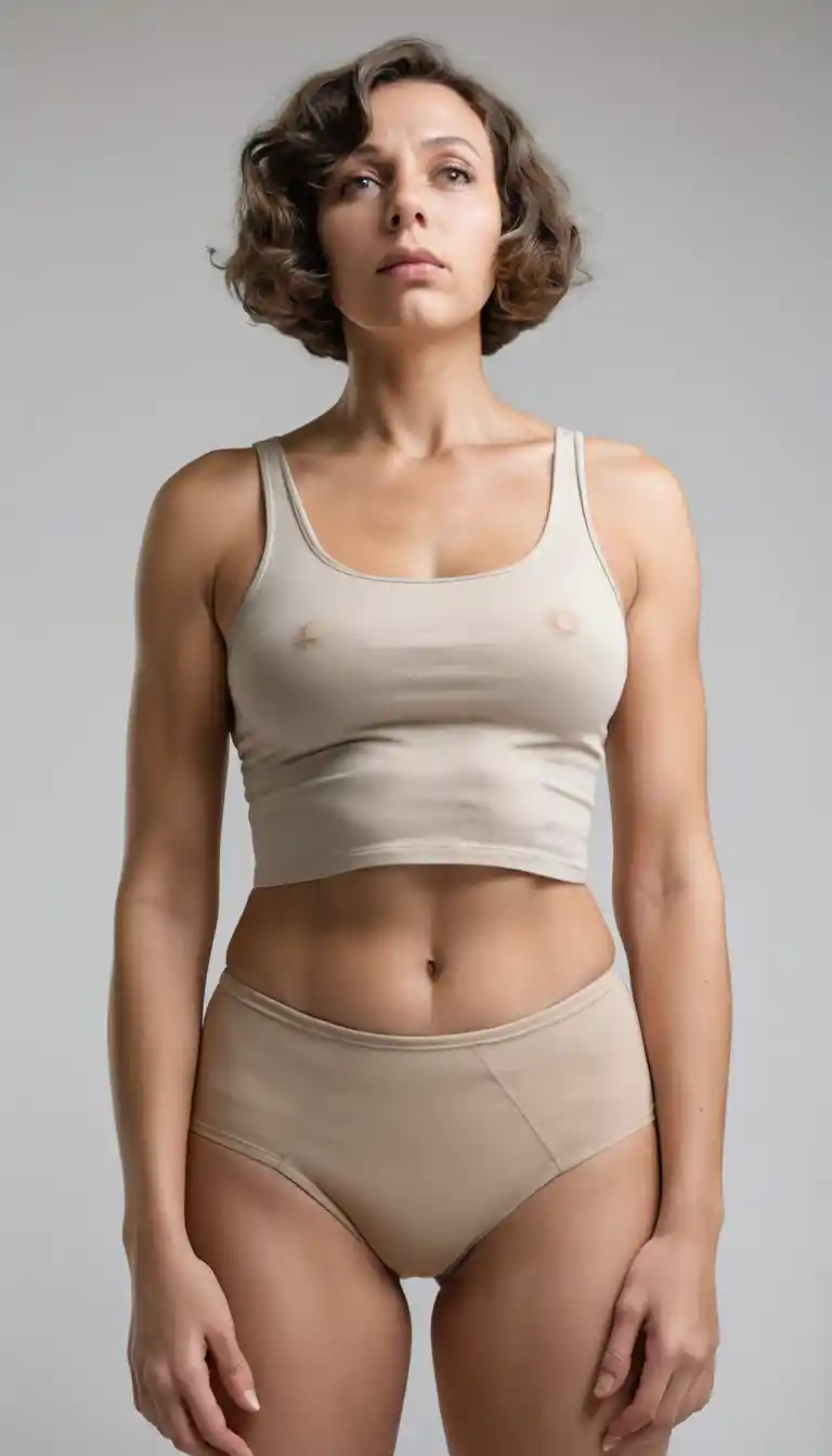 Woman in tank top and panties seen from low angle