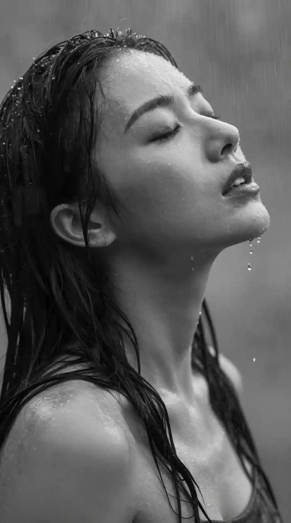 Monochrome cinematic portrait of a woman in the rain