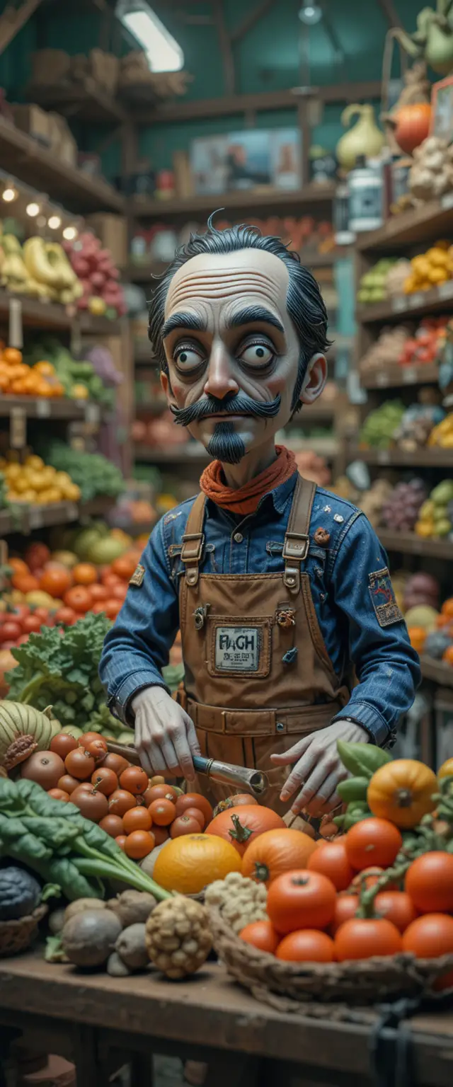 Claymation fruit and vegetable seller in a grocery store