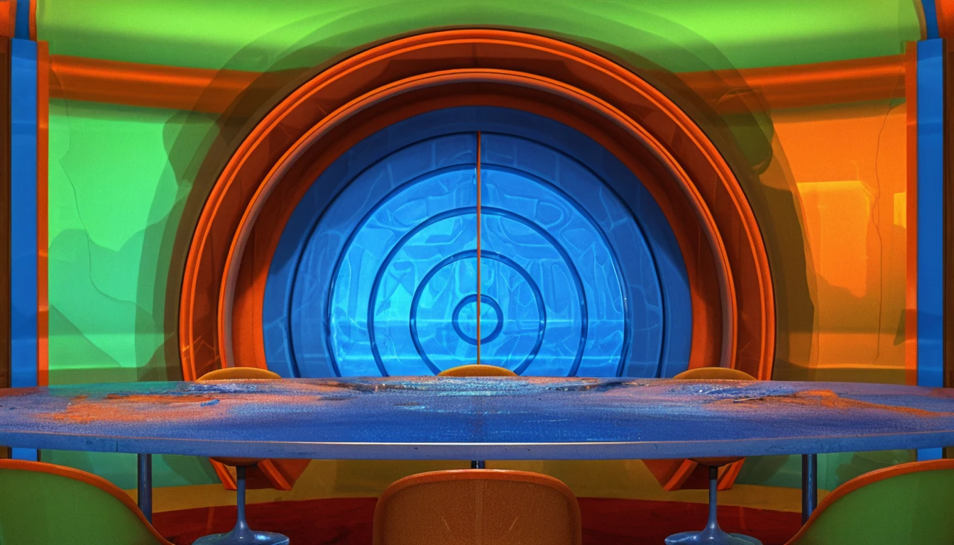 Retro futuristic tv studio with blue table and orange chairs