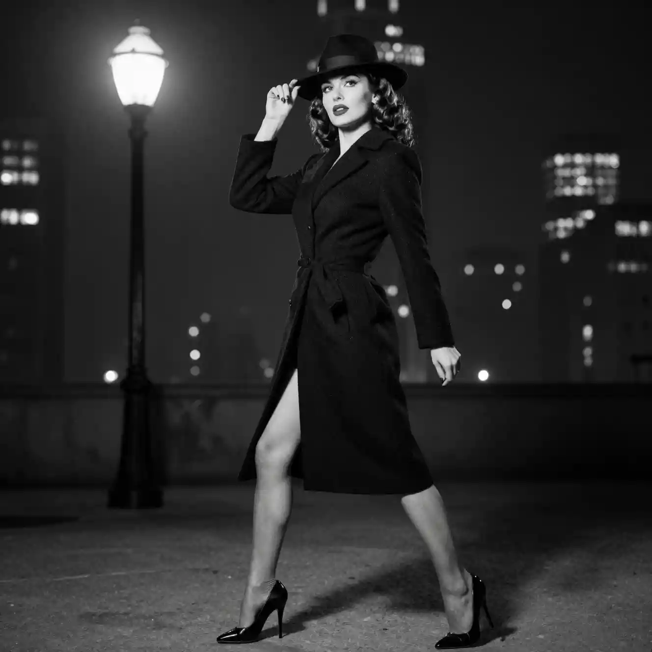 Mysterious woman in coat and fedora on noir city street