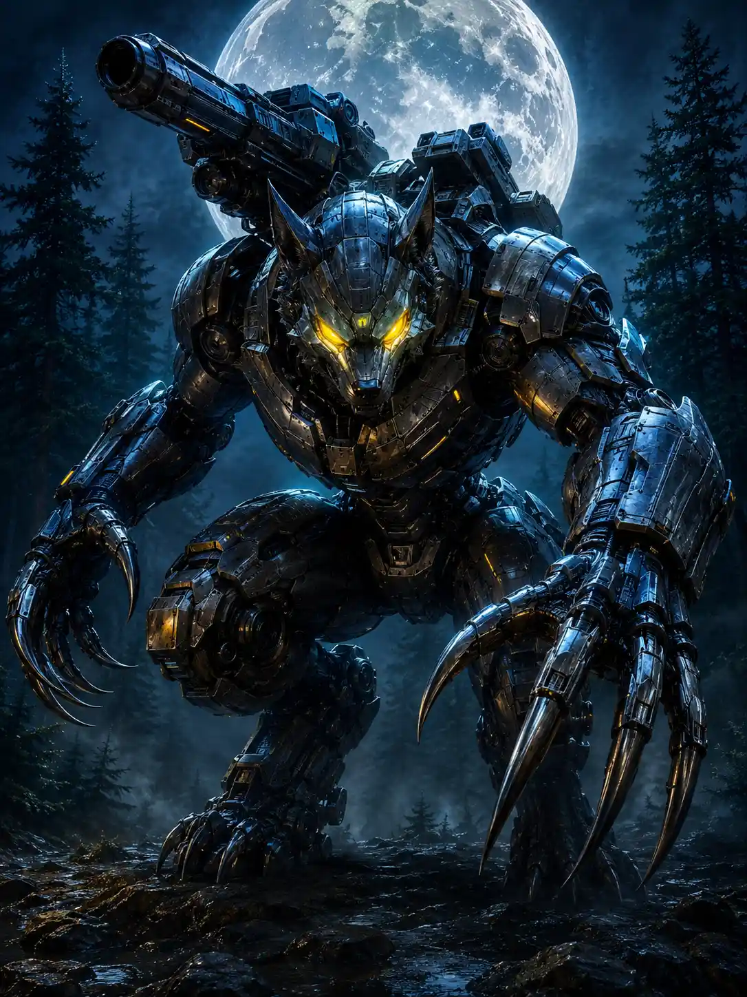 Mechanical werewolf warrior in a moonlit misty forest