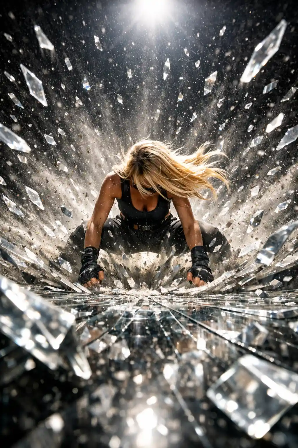Woman slamming into glass with radial shockwave
