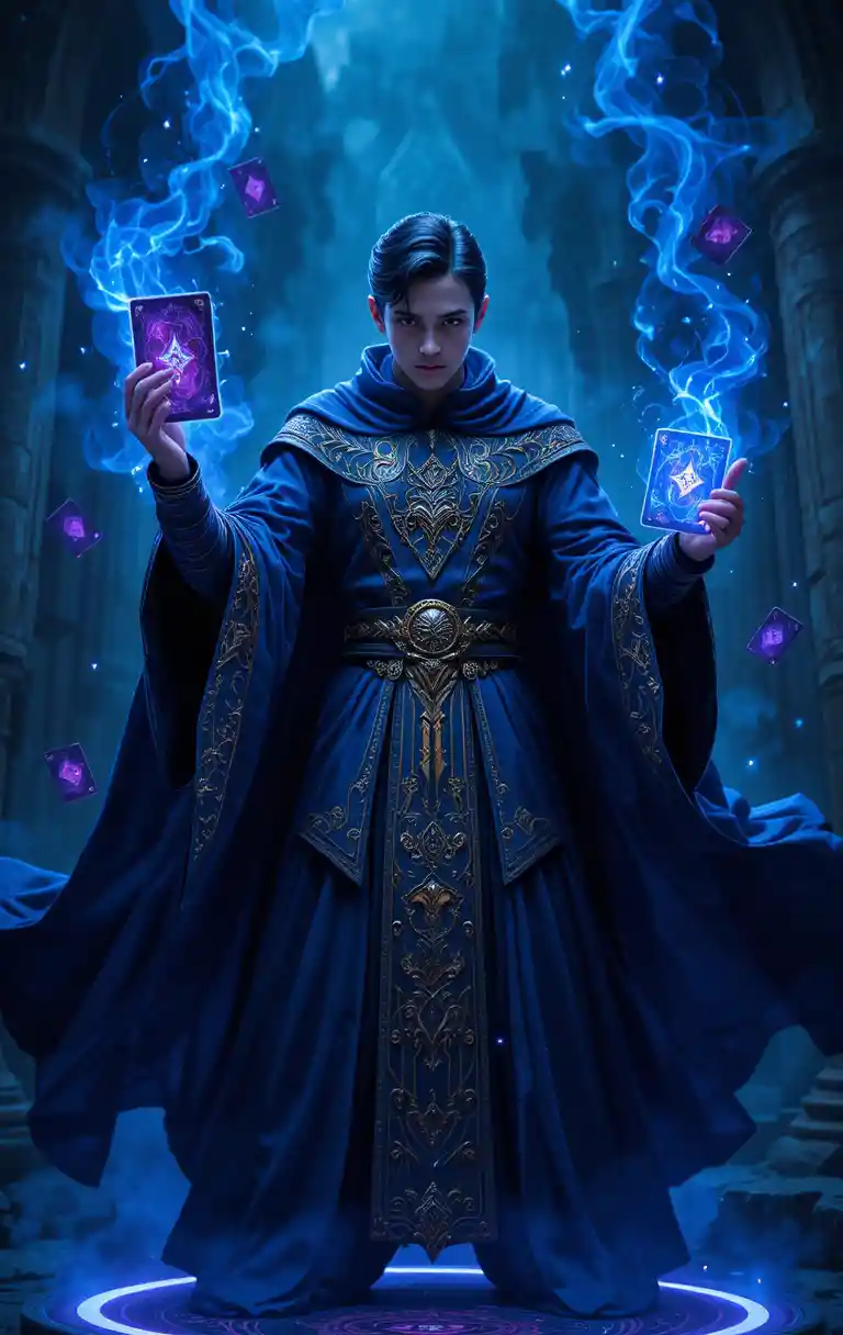 Fantasy card magician in medieval dress with flying cards