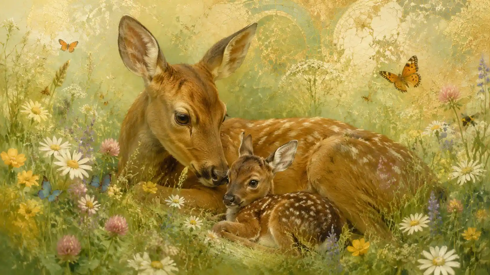 Newborn fawn resting in tall grass of a flower meadow