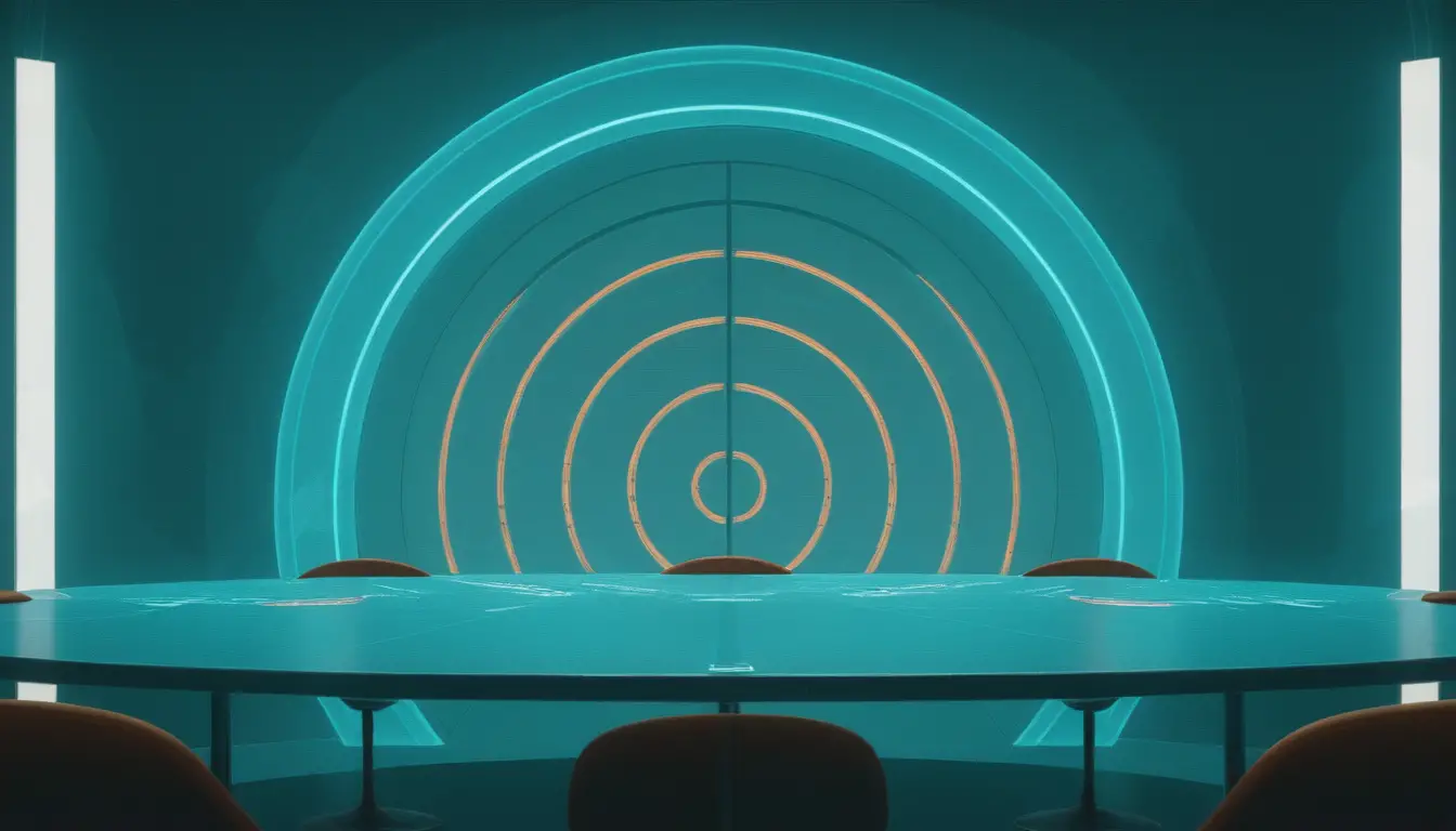 Retro futuristic 3D television studio with blue table and chairs