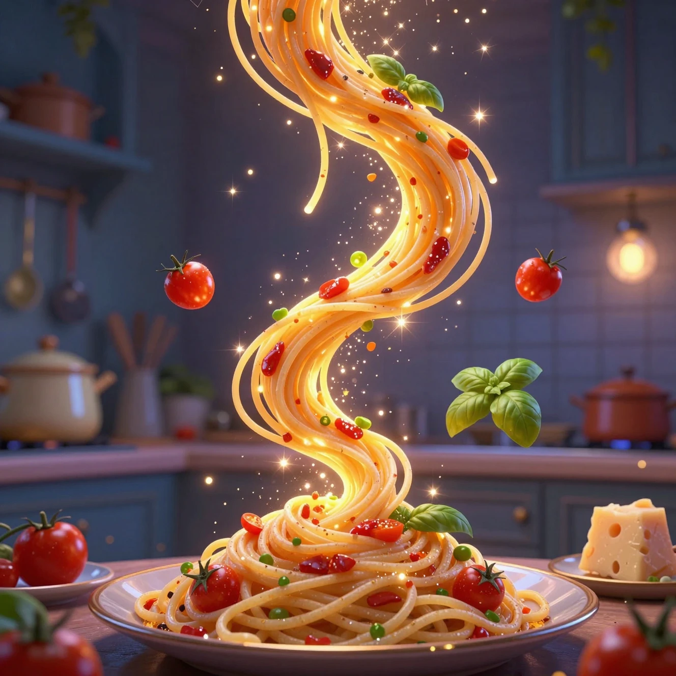 Magical spaghetti swirling in a glowing fantasy kitchen