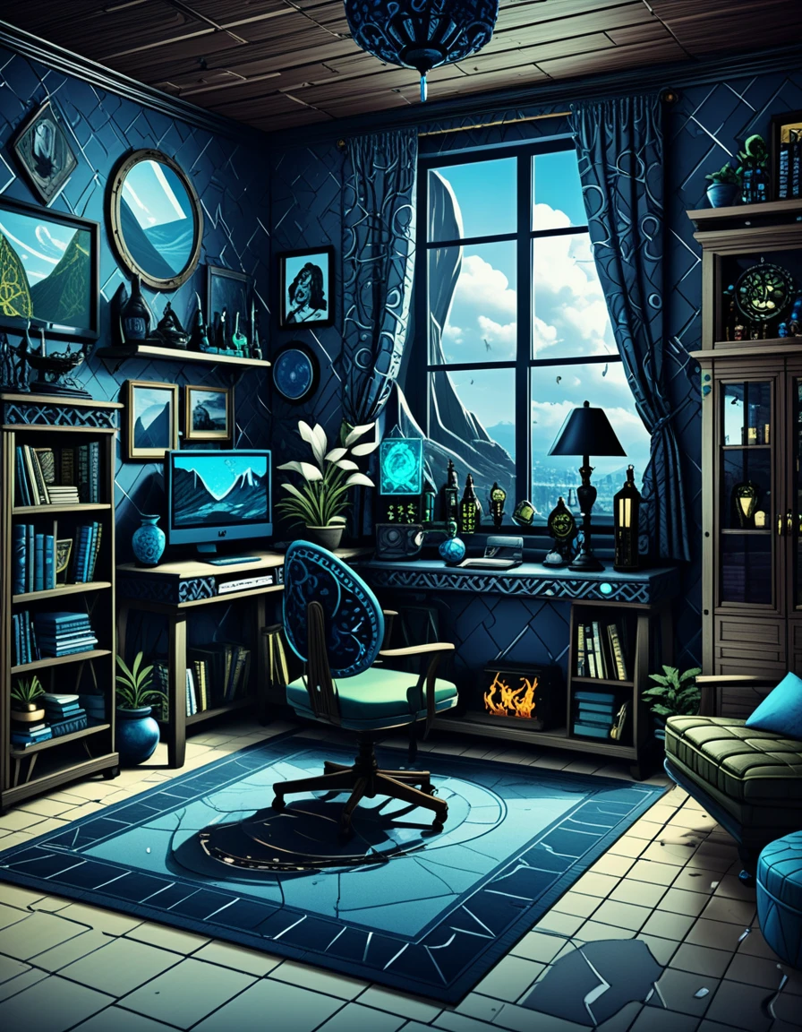Soggiorno 3D dall’atmosfera cupa in stile eclettico witchy