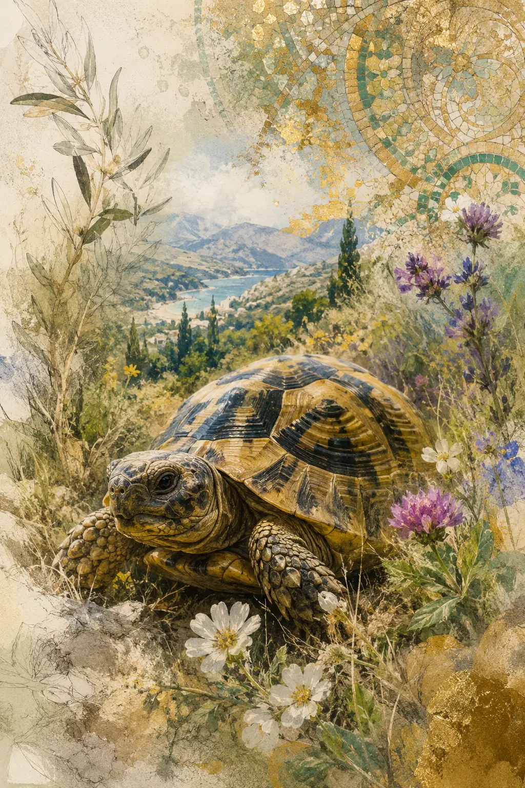 Greek tortoise close up in a natural floral landscape