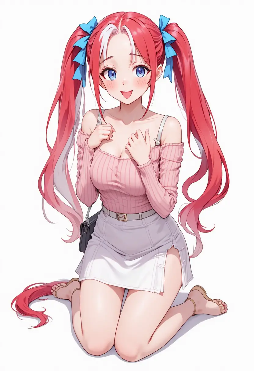 Anime girl kneeling in pastel outfit on white background