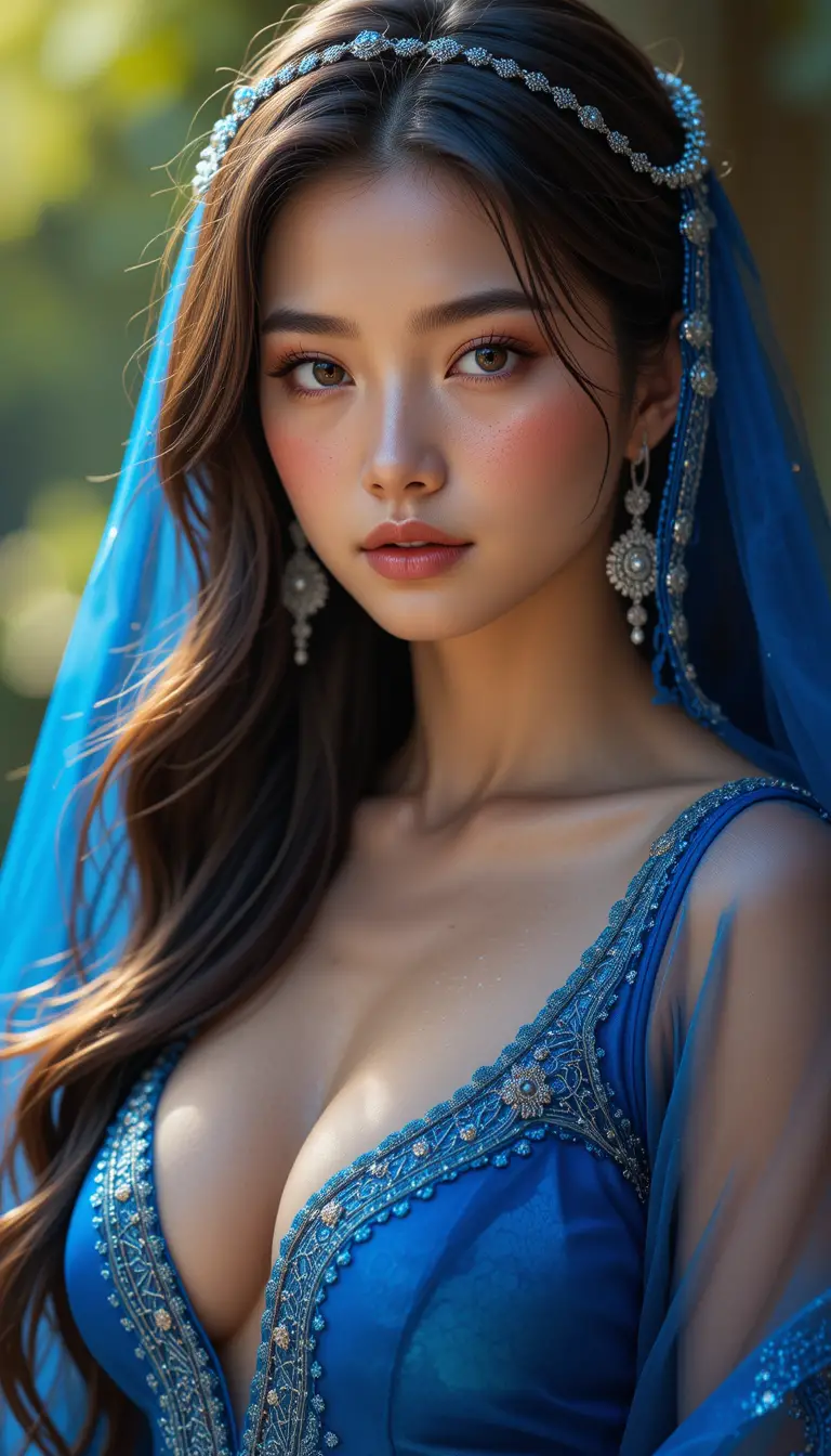 Joven elegante con vestido persa azul en exteriores