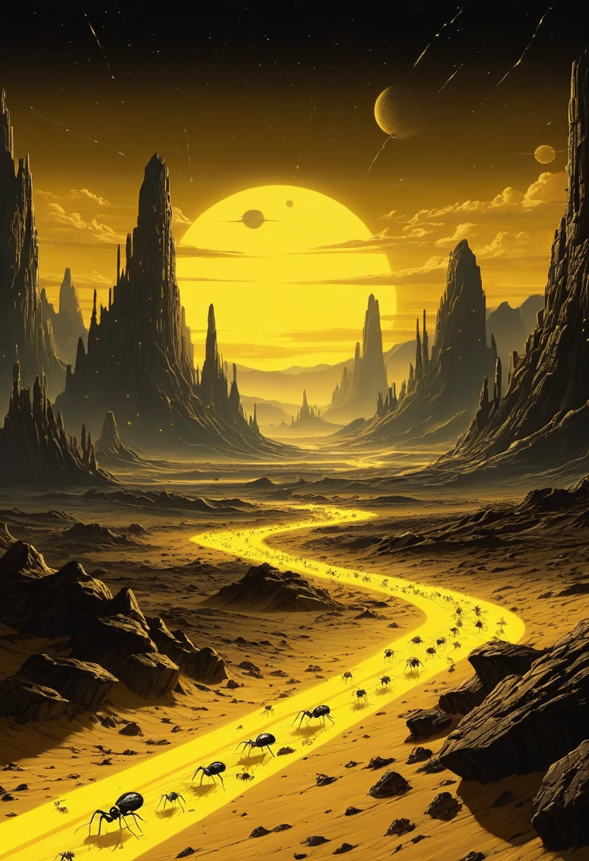 Futuristic swarm of cybernetic insects over alien desert