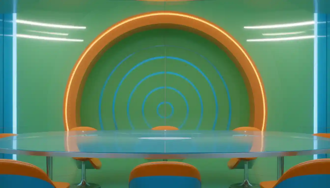 Retro futuristic 3D television studio with blue oval table