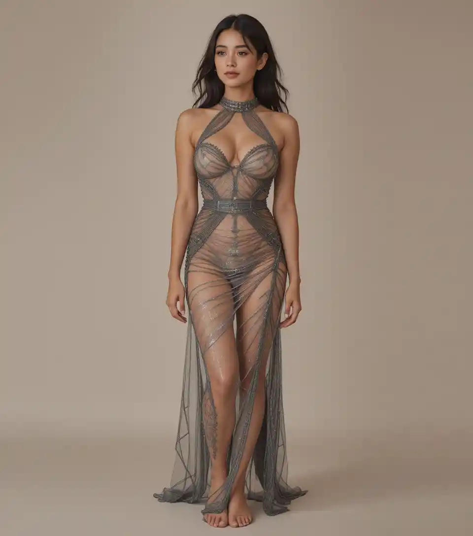 Full body portrait of a young Nepali woman in sheer dress