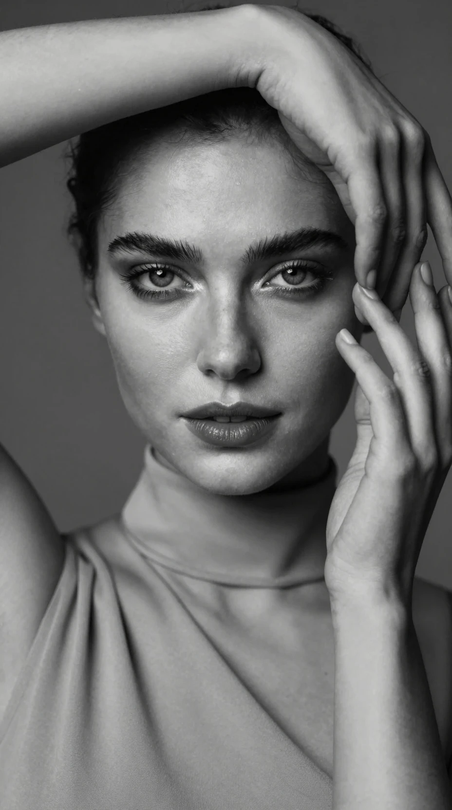 Intense grayscale portrait of a woman framed by her hands