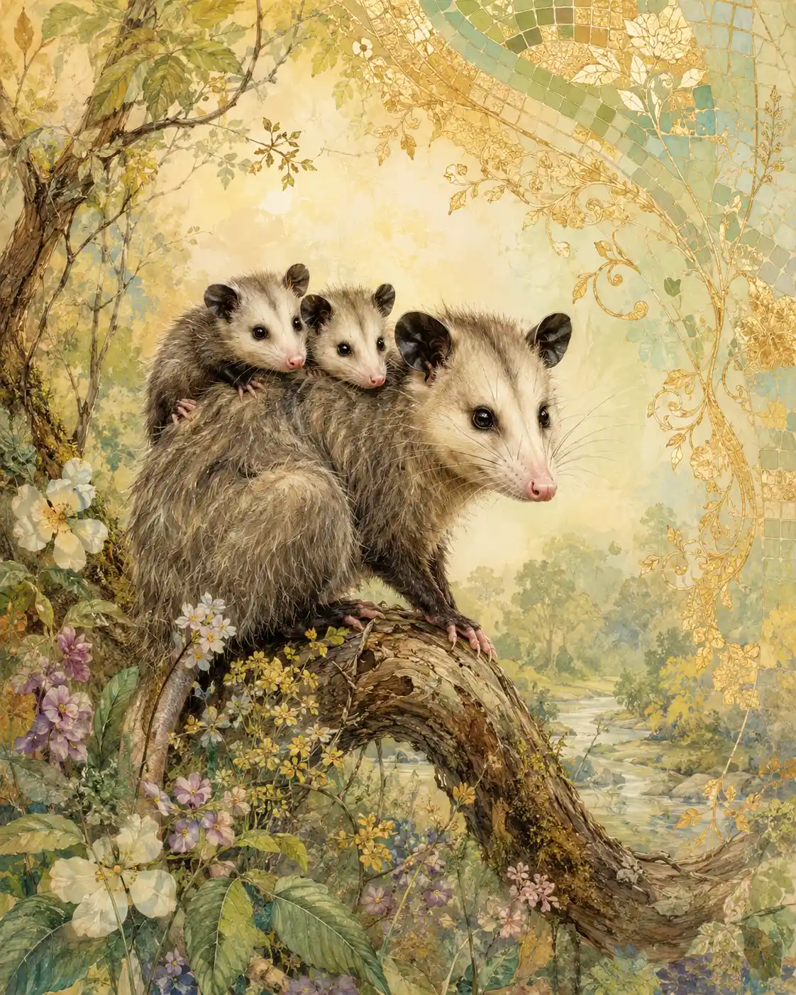 Opossum Mother Carrying Two Young In A Lush Forest Scene