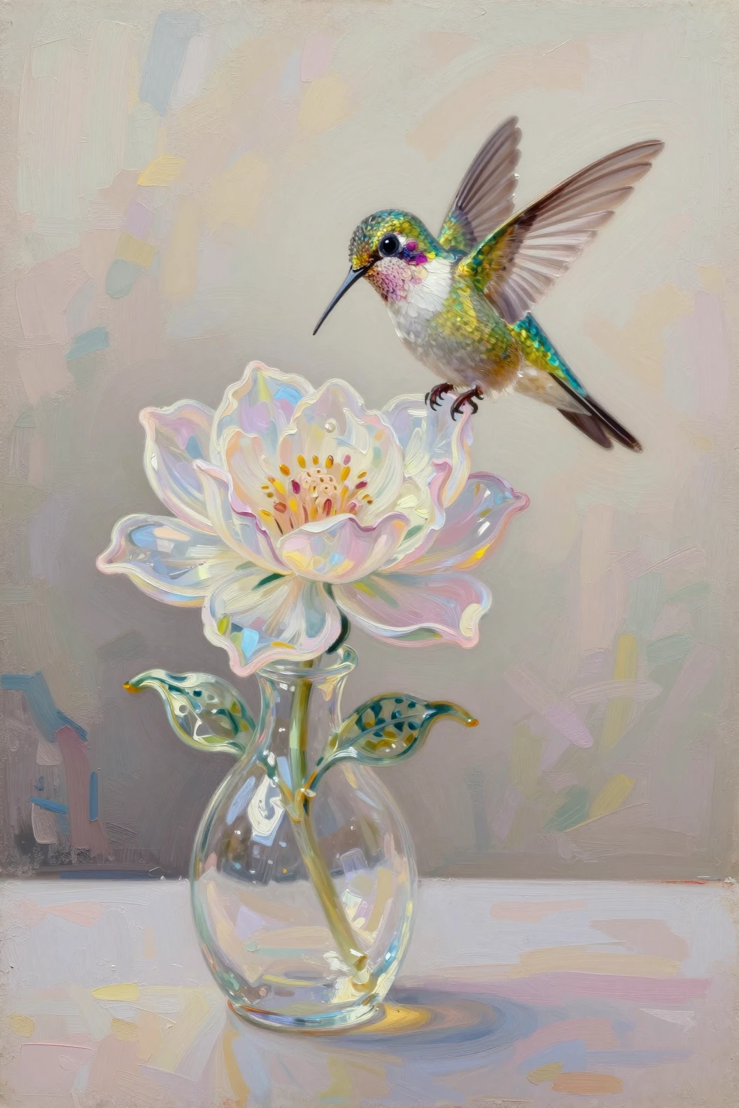 Zarte Glasblume mit kleinem Kolibri auf dem Schreibtisch