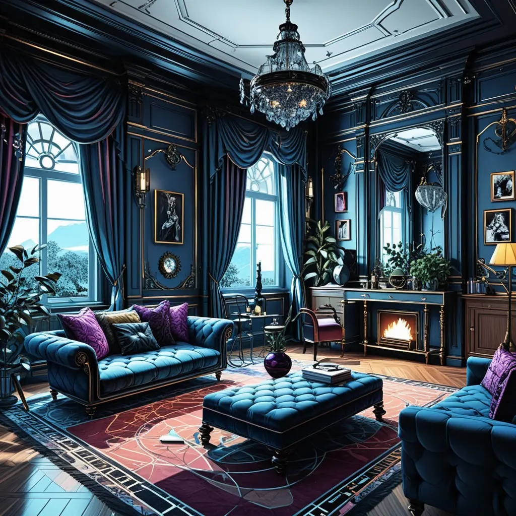 Dark luxurious 3d interior design in jewel toned mansion room