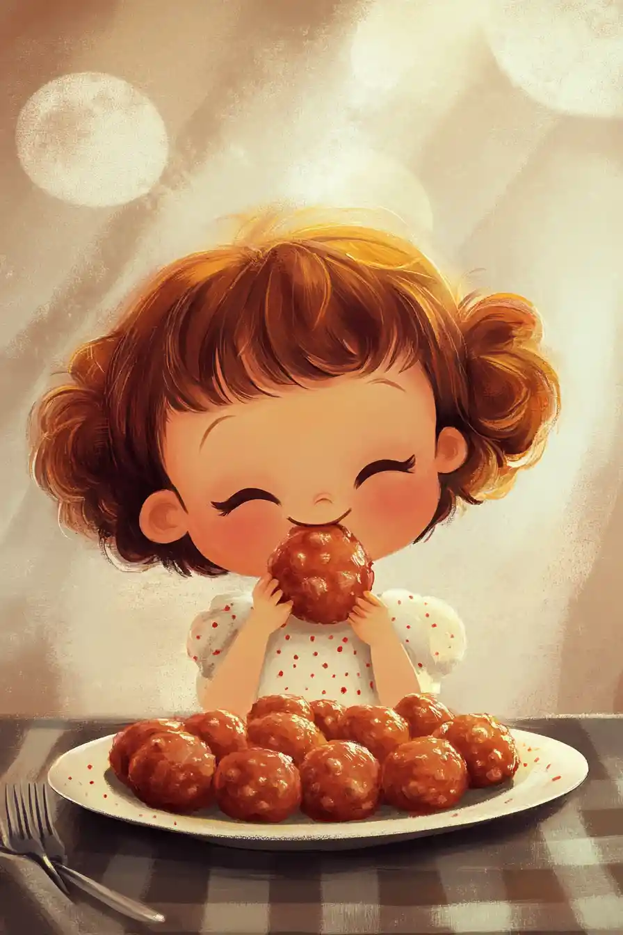 Whimsical anime illustration of colorful meatballs in pastels