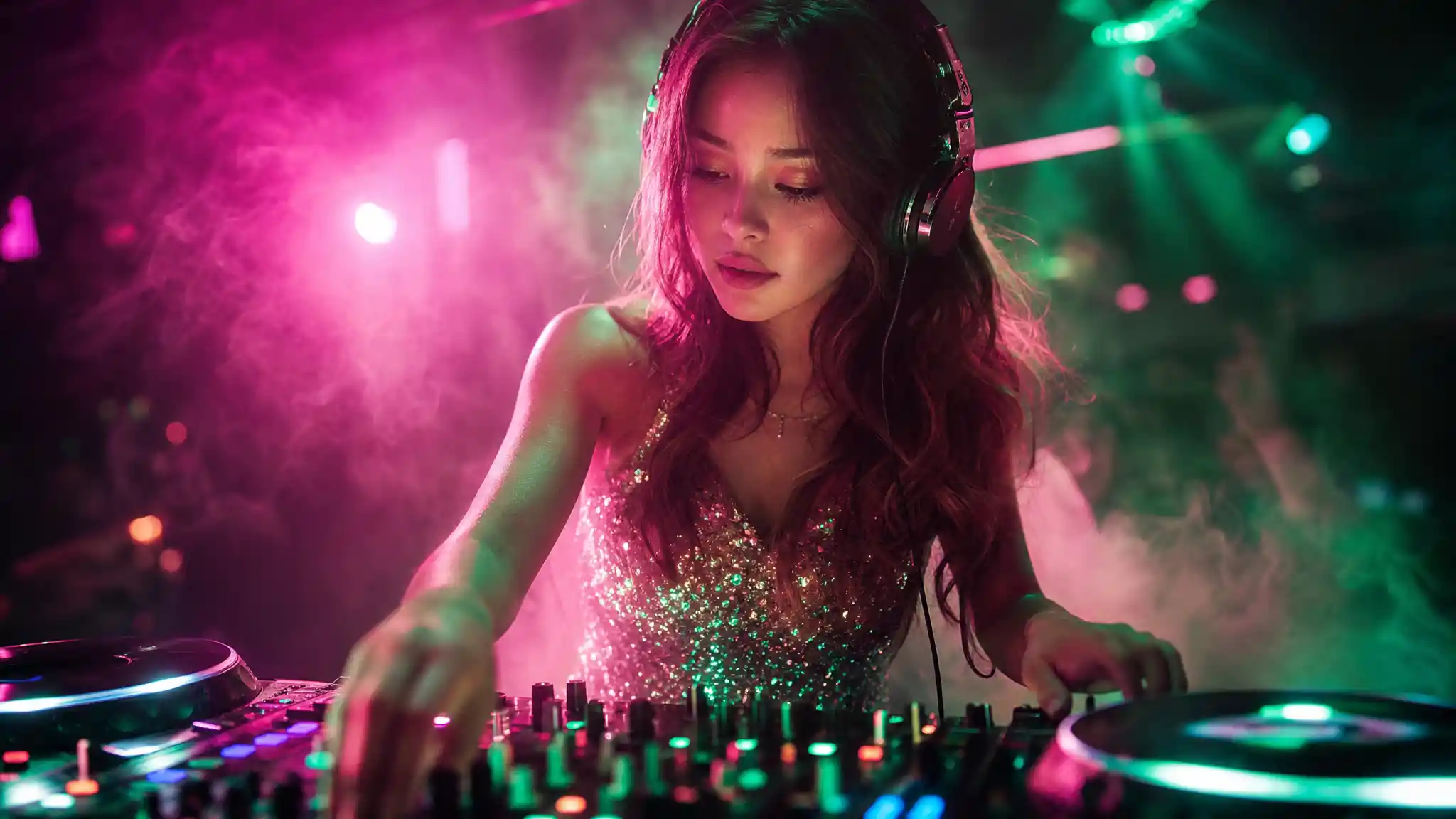 Female dj mixing under pink and green neon lights