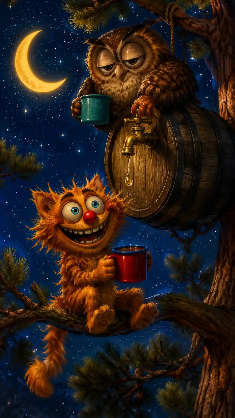 Gato pelirrojo sonriente con búho bajo un cielo nocturno estrellado