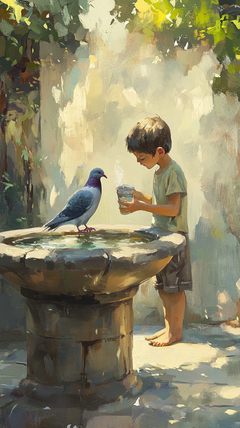 Young boy drinking at fountain with perched pigeon