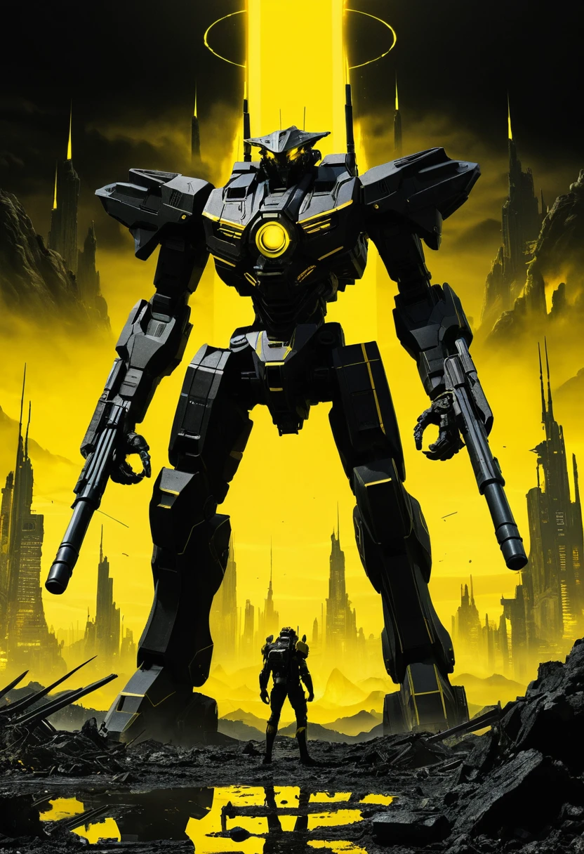 Giant black mecha firing yellow energy in cosmic void