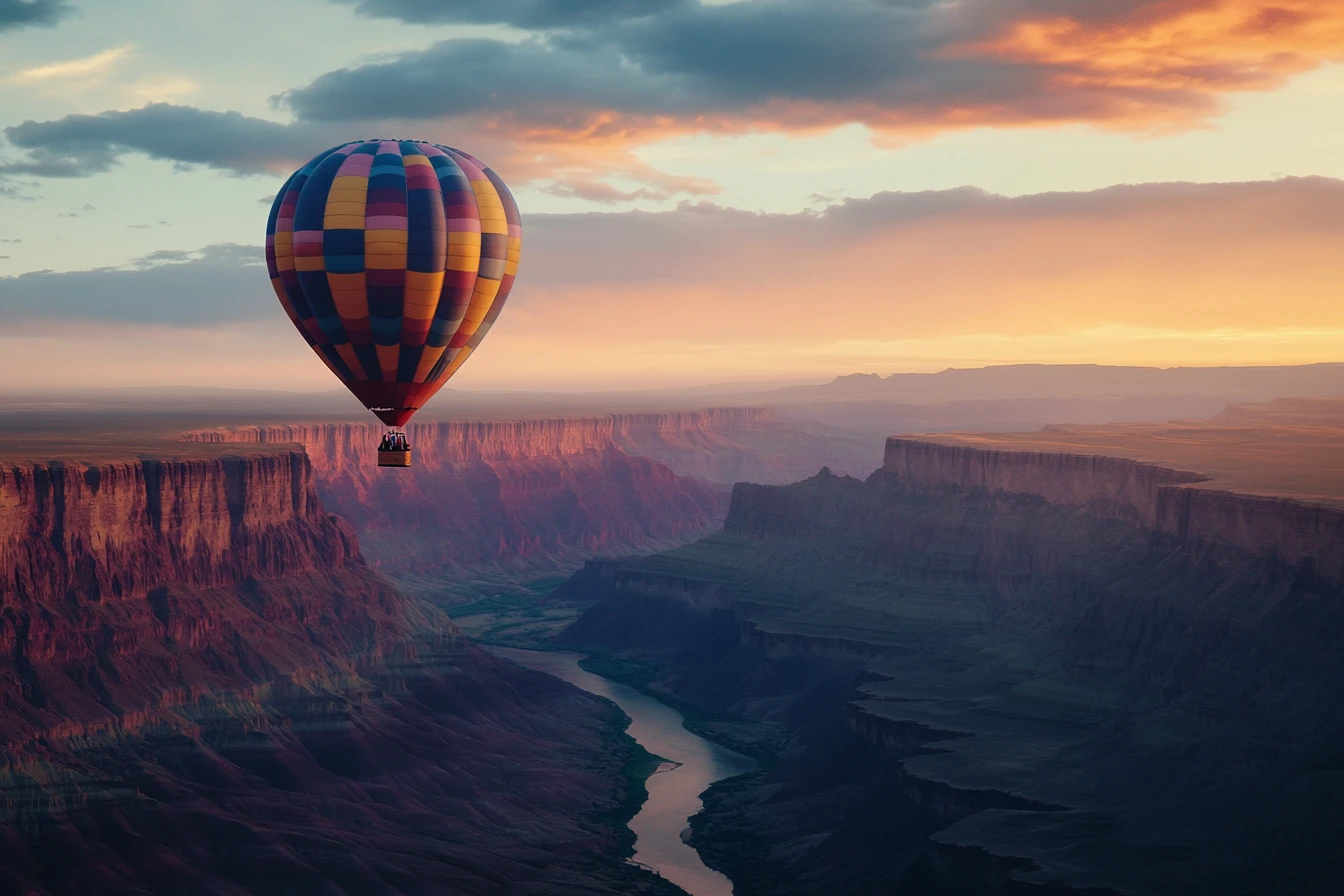 Colorful hot air balloon over the Grand Canyon at sunrise