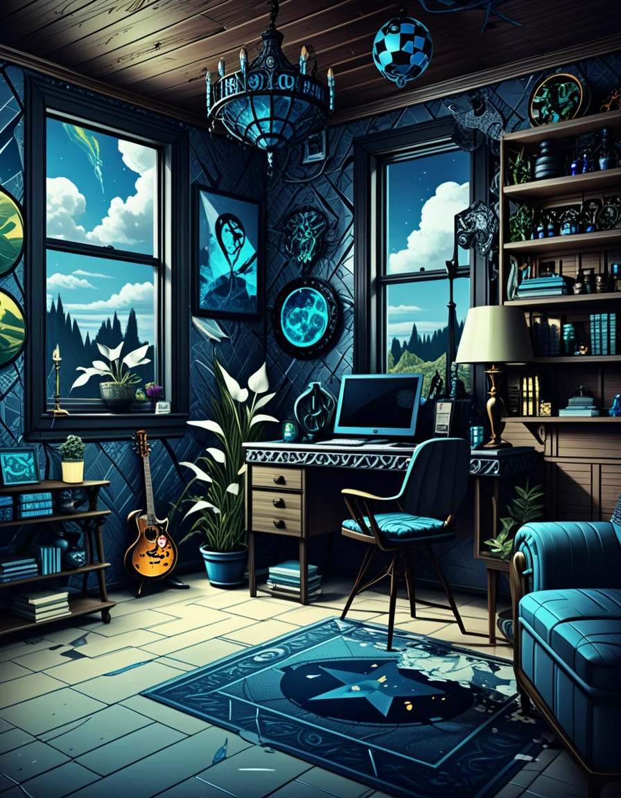 Moody eclectic 3D interior illustration with dark decadent decor