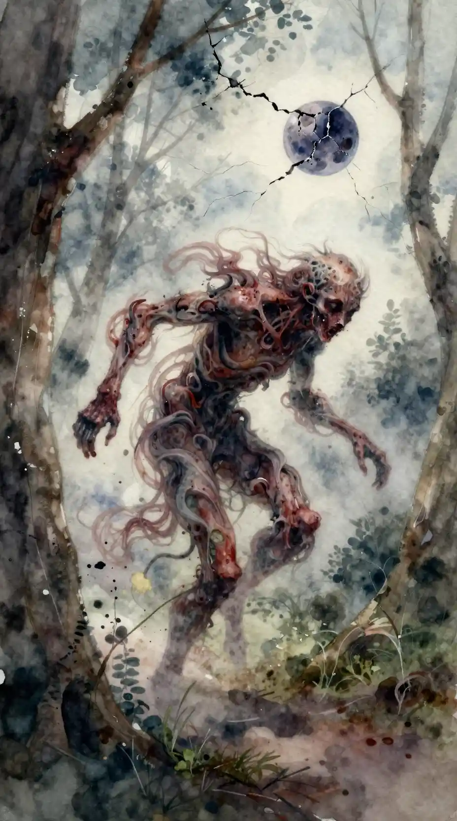 Slipstream warped monster dragging itself through a forest