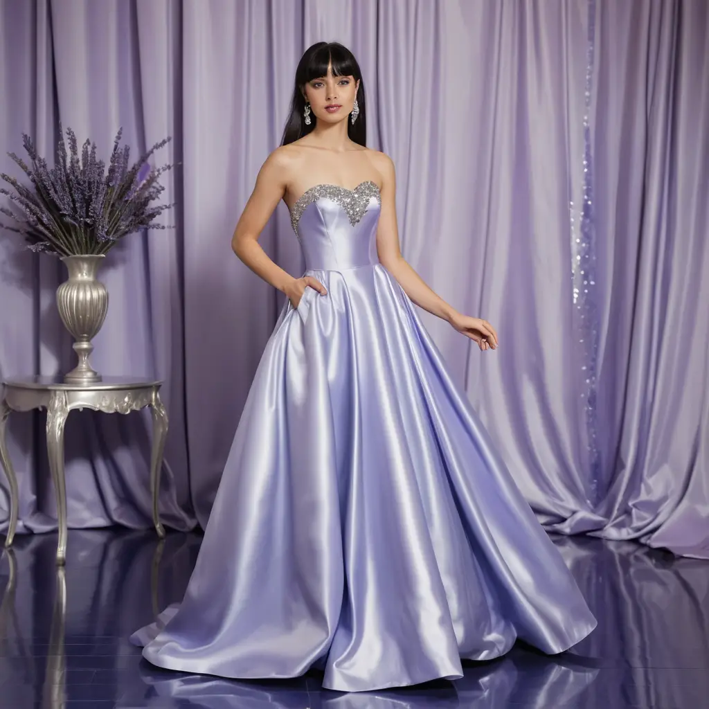 Elegant girl in lavender satin gown in luxury room