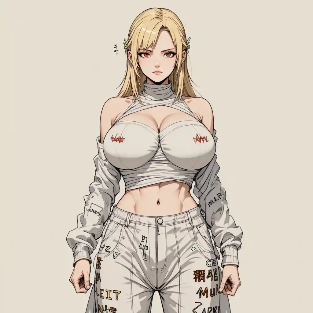 Confident anime woman in sarashi and baggy pants front view