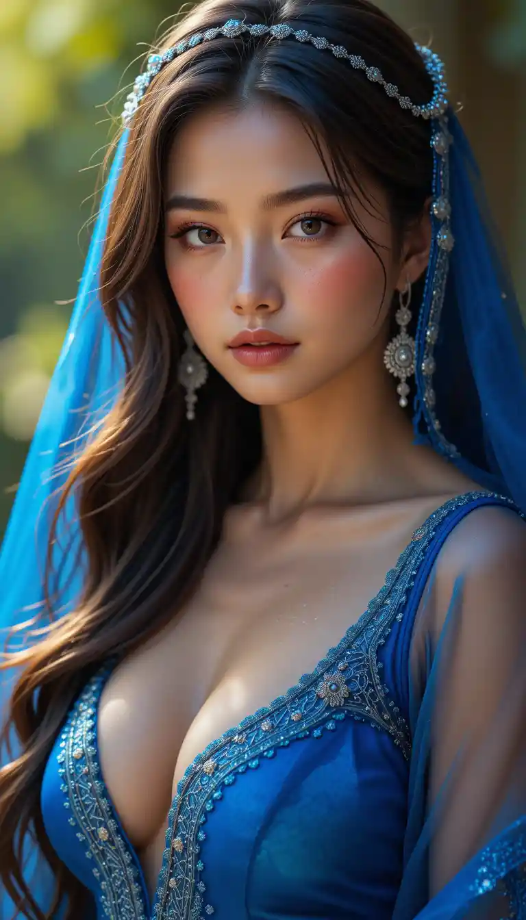 Elegant young woman in blue persian gown outdoors